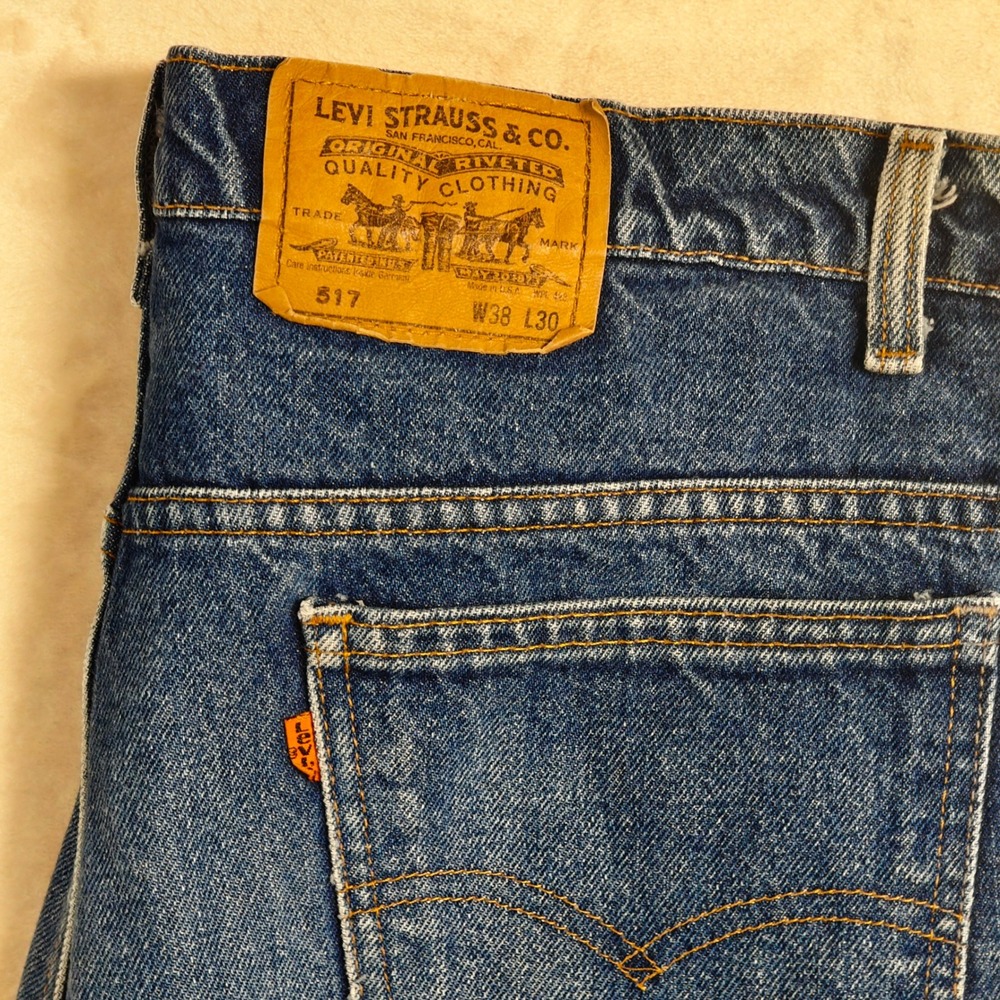 Vintage Levis 517 Orange Tab Jeans Mens 38x30 Blue Bootcut Denim Made in USA